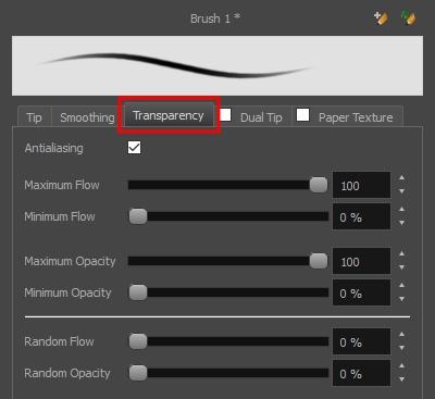 Harmony 15 Paint Reference Guide Transparency Tab The Transparency tab allows you to decide if your eraser has antialiasing as well as to set its flow and opacity settings.