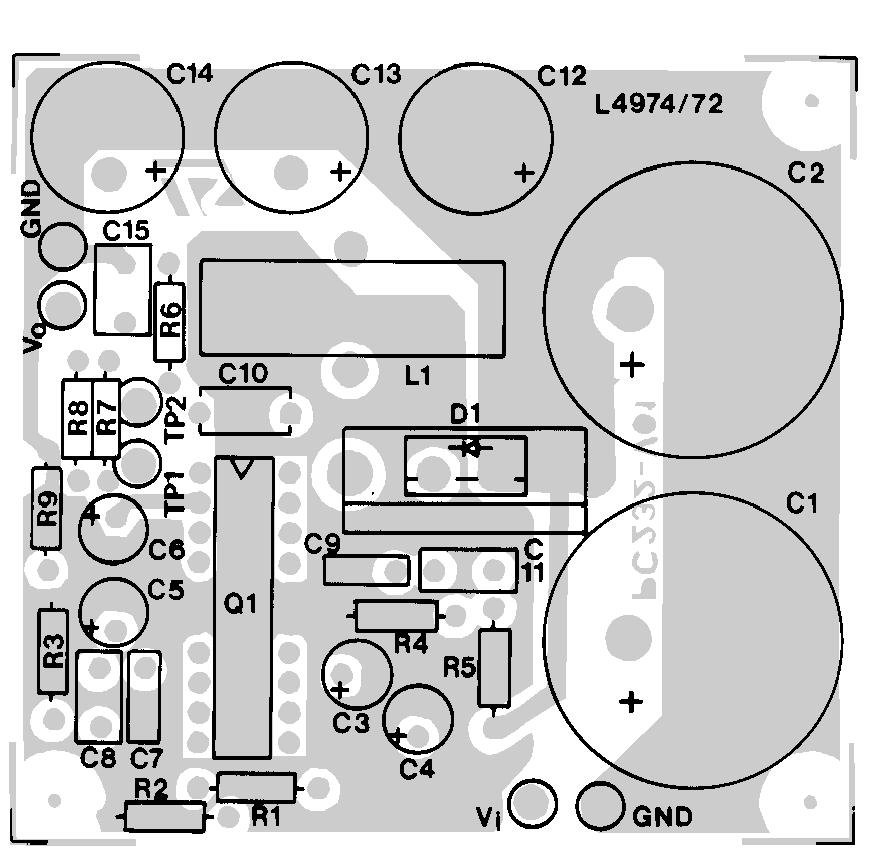 Figure 6a : Component Layout of fig.5 (1 : 1 scale). Evaluation Board Available (only for DIP version) PART LIST R 1 = 30KΩ R 2 = 10KΩ R 3 = 15KΩ R 4 = 30KΩ R 5 = 22Ω R 6 = 4.