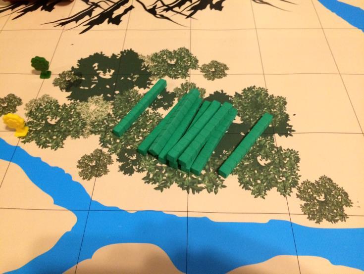 Delivering Tree Saplings to the Forest: 10 Saplings (Foam Base-Ten Rods) begin in the Mat City Port near the ocean, stacked in 5 rows of 2 in the square made up of points (13,5), (14,5), (13,6) and