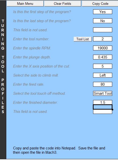 Conversation CAM Workbook Turning Tool Profile Multiple Step Program Step 1 18 Fill out the form using these parameters: Blank - 1.