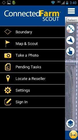 Connected Farm Scout App New App for in-field mapping utilizing your device s GPS. Map boundaries, paths, points and perform scouting activities.