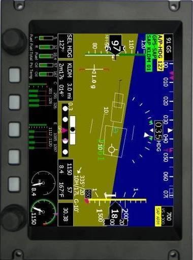Ground/ True Airspeed Lateral Autopilot Mode NAV Mode Airspeed Airspeed Trend G Meter Pitch Ladder Heading Select User Defnd Data Box Artificial Horizon GPS Course Fuel Computer Standard Rate Turn