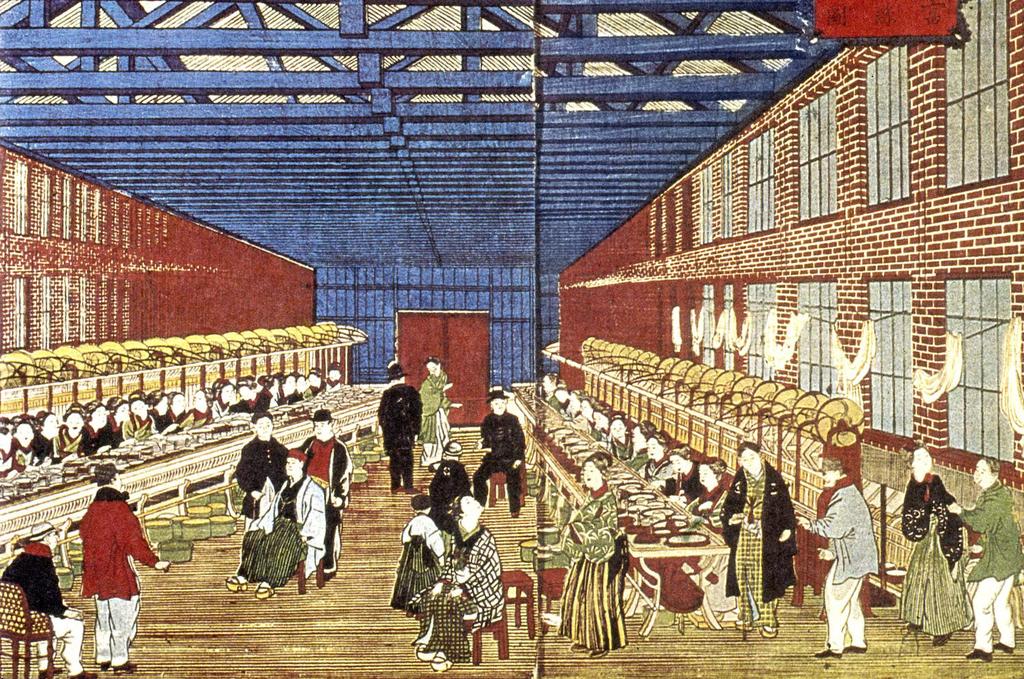 P L A C A R D F The Granger Collection, NYC Japanese Silk Factory A Japanese woodblock print made around 1875 shows a silk factory where women workers process silk cocoons to wind the thread on