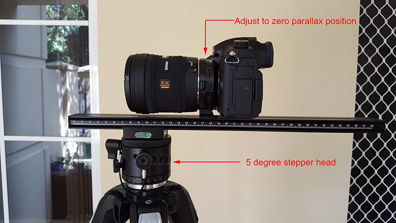 You choose a marker in the scene (eg: line on a wall) and rotate the camera/lens in equal angle steps and take a photograph.