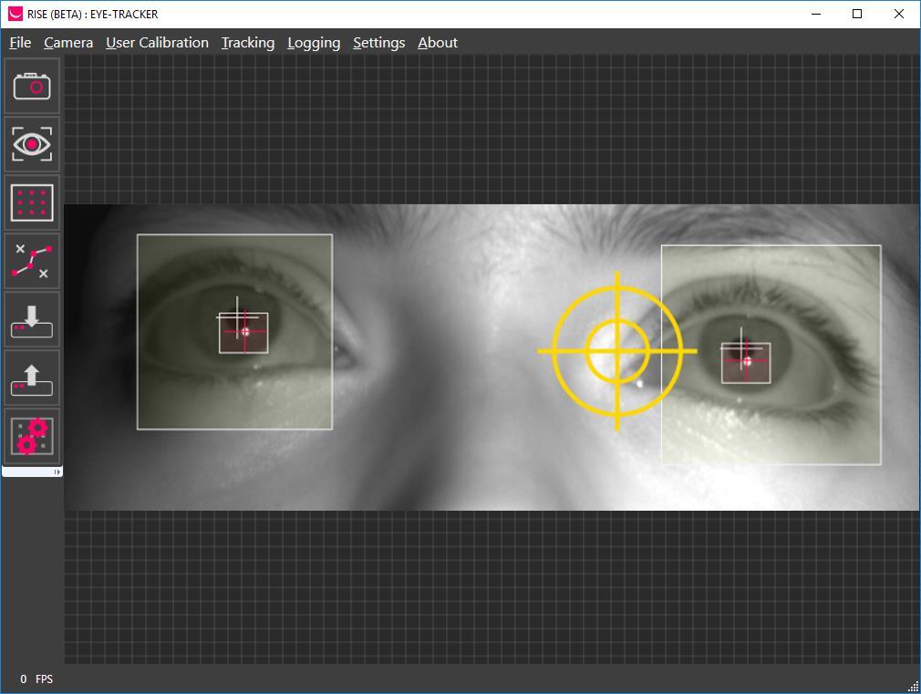 Figure 10: RISE BETA Eye-Tracker Connected to Thorlabs DCC1545M Camera with a 16mm Focal Length Lens 5.3 RISEBETA SETTINGS 5.3.1 CASCADE SETTINGS RISE BETA will detect the user s eyes using cascade files.