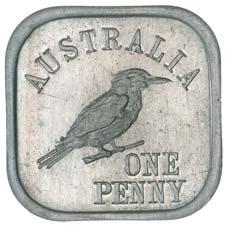 square cupro-nickel kookaburra penny, 1920, by D.