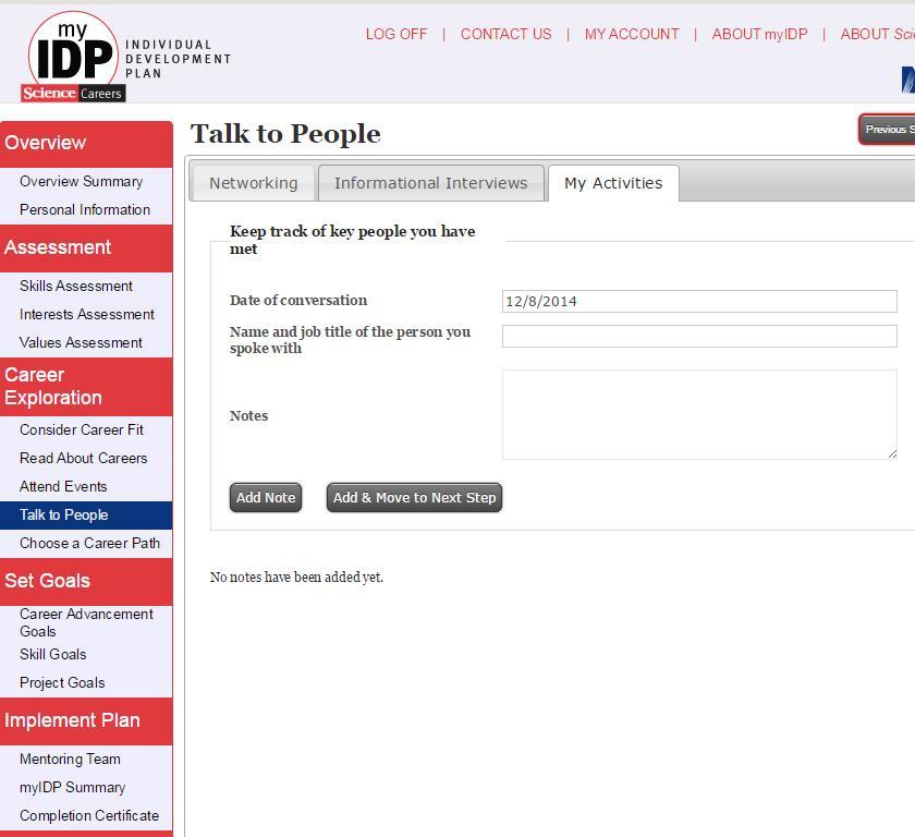 Use myidp to track informational interviews Track