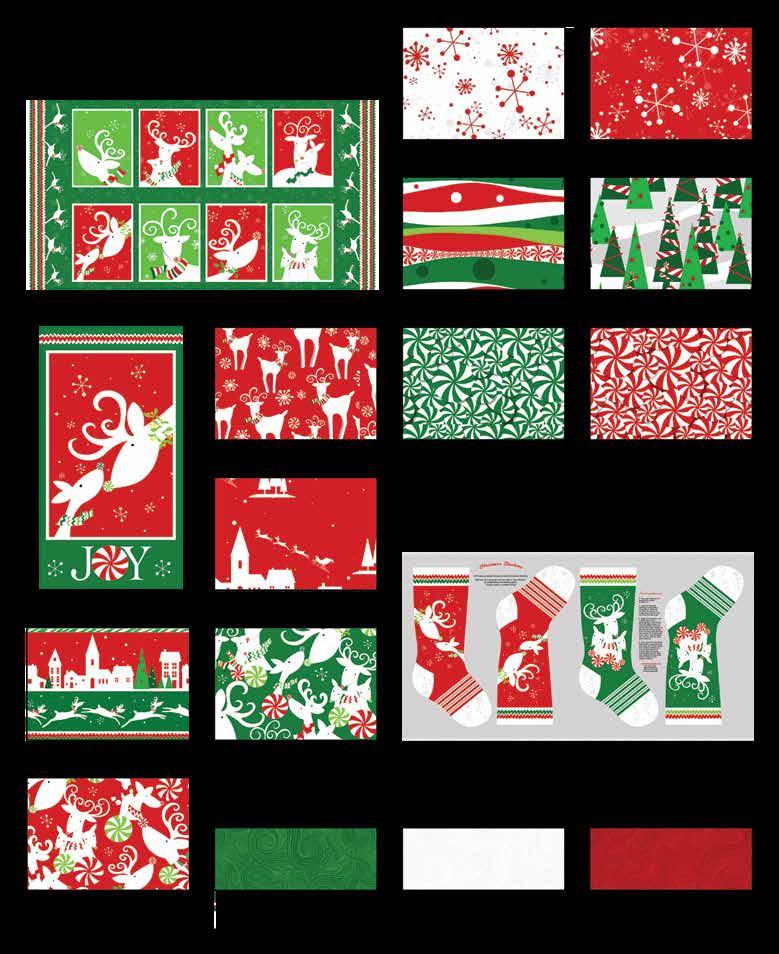 STUIO e PROJETS Page 2 of 6 Fabrics in the ollection Snowflake - White/Red 4151-8 Snowflake - Red 4151-88 Reindeer locks - reen/red 4150-68 Wavey Stripe - Red/reen 4152-68 Trees - reen 4154-6