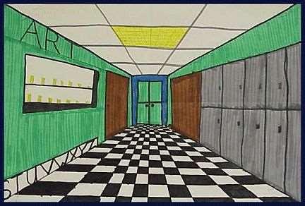 Drawing Center: Draw a 1-point perspective school hallway, include doors and lockers