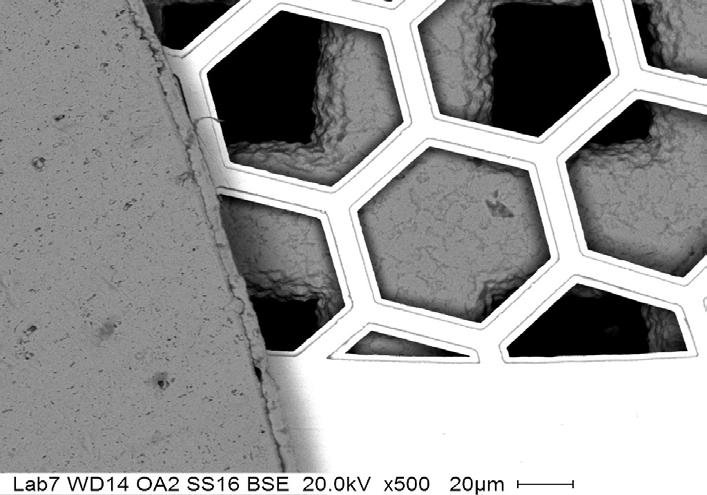 (BEI). A) Secondary electron image of the three grids showing the immediate surface details of the sample.