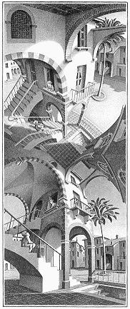 c By introducing unusual vanishing points and forcing elements of a composition to obey them, Escher was able to render scenes in which the up/down and left/right orientations of its elements shift,