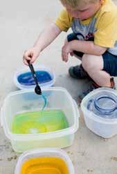 Use scoops, spoons, measuring cups (etc) to transfer the water into the empty tub (and back again)! This is a great opportunity to introduce color mixing.