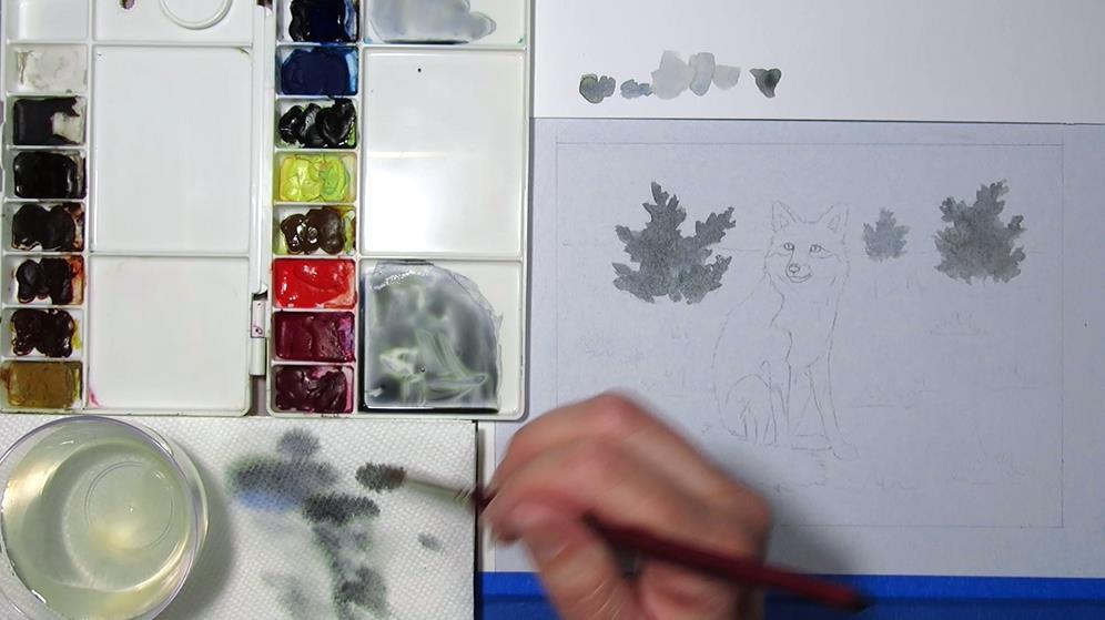 If you need a review of how I tone my boards, please check back to lesson 1. I drew out my red fox and landscape on sketch paper and then transferred it onto my mixed media board.