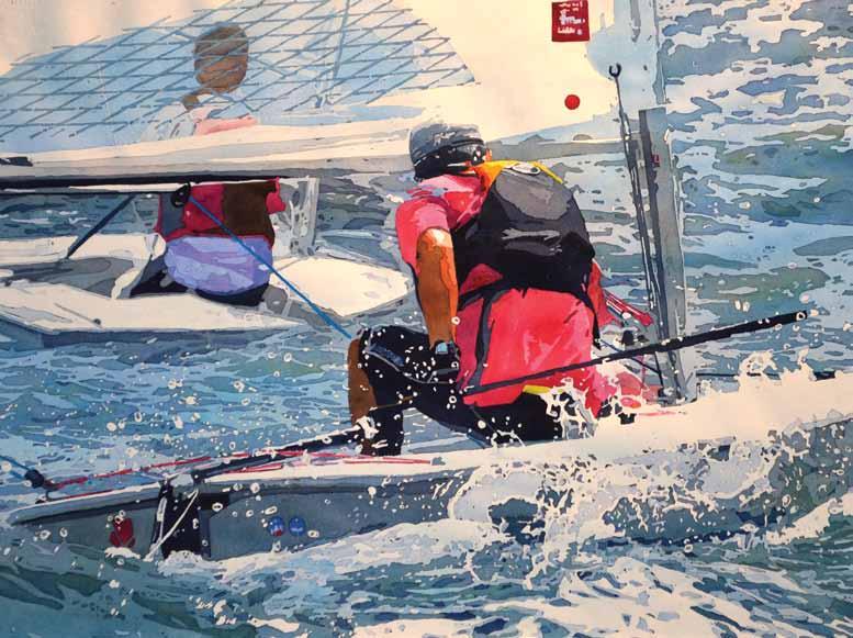 Saltzman painted the background of Wet and Wild (watercolor on paper, 22x30) through a process of masking and adding layers wetinto-wet. She then painted the sailors directly.