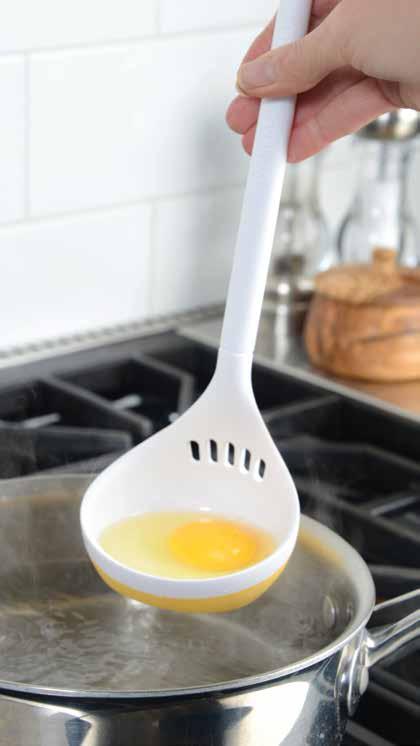 Allow each egg to set slightly, approximately 10 seconds in the ladle to hold its