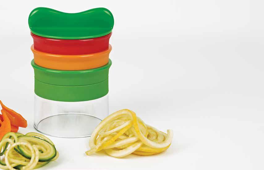 The open design accommodates both long and round vegetables and the three stainless steel blades are color-coded for quick