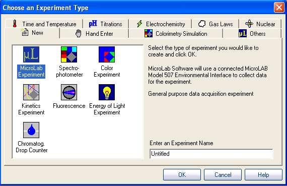 The Choose an Experiment Type dialog The five main experiment types are: New MicroLab Experiment General data acquisition experiment Spectrophotometer Experiment 16-wavelength spectrophotometry