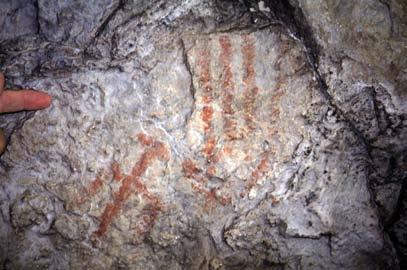 Only two methods of handprint application have been recorded in the Smith River area, and these are actual hands impressed on the rock, and hand
