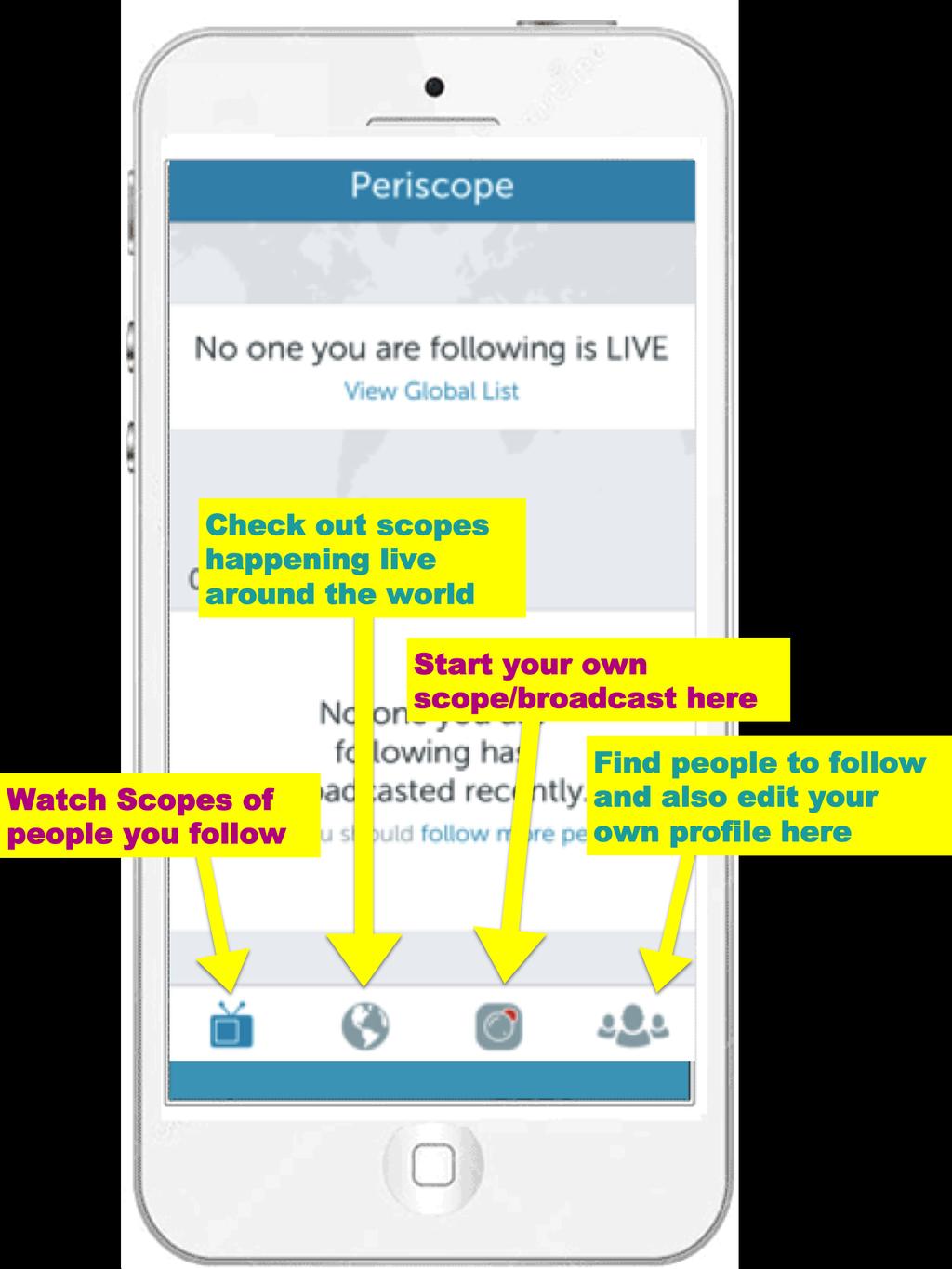Getting Started iphone Users: Go to the App store and download Periscope: https://itunes.apple.com/us/app/periscope/id972909677?