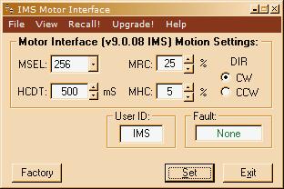 Screen 1: The Motion Settings Configuration Screen The IMS SPI Motor Interface Software opens by default to the Motion Settings Screen shown below.