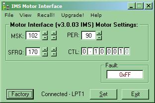 Motor Settings Screen (PWM Current Control) The Motor settings screen allows the user to fine tune the settings of the PWM to optimize the current output for a variety of stepping motors.