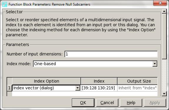 Figure 3.20: Null subcarriers removal Remove Reference signals: This Multiport Selector block removes the reference signals.