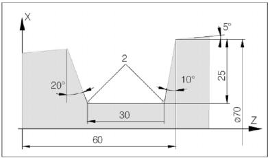 b) Give the listed parameters for the grooving cycle shown in the figure below: 1. Start Point in X: 70 mm 2. Start Point in Z: 60 mm 3. Groove Width: mm 4. Groove Depth: mm 5.