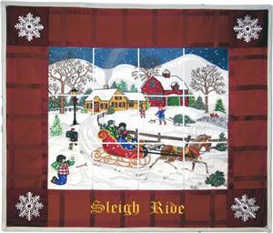 Sleigh Ride Tile Scene Wallhanging At Anita Goodesign, we commissioned one of our artists to paint a large scene depicting a classic country Christmas complete with a barn, sleigh, a family and snow.