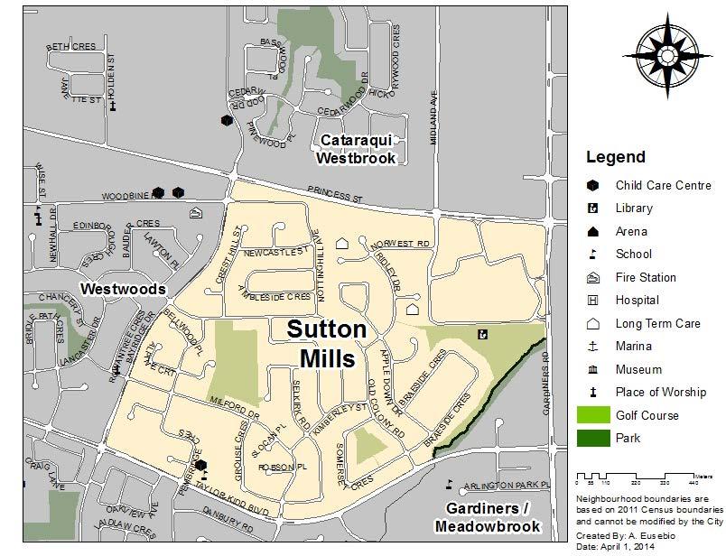 Location The Sutton Mills neighbourhood is located in Kingston West and is generally bounded by Princess Street to the north, Gardiners Road to the east, Taylor-Kidd Boulevard to the south and