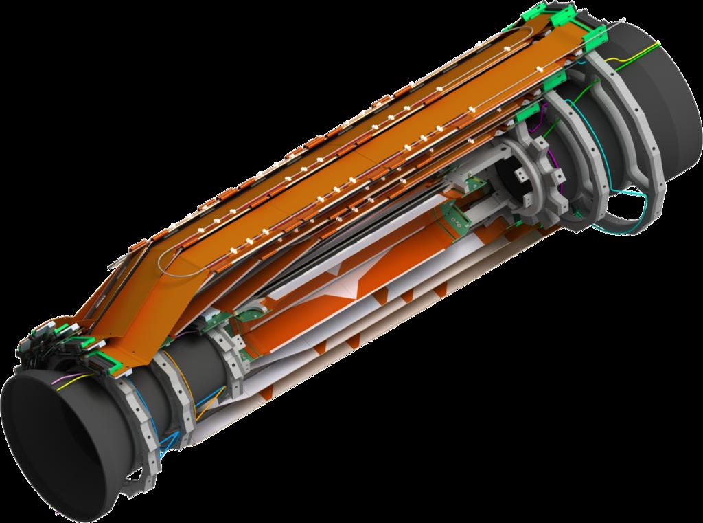 Figure 1: 3D rendering of the Belle II SVD design with part of the ladders mounted, its support structure and the thin CO 2 cooling pipes.