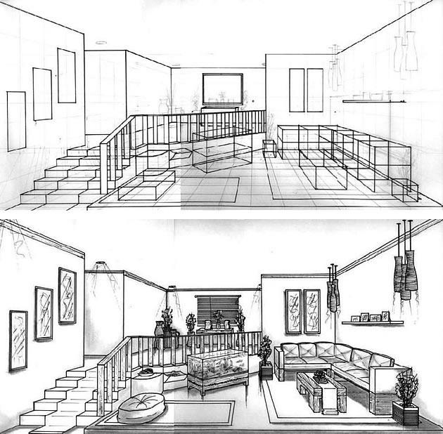 A one point perspective interior by Amani Cagatin: This sequence of drawings shows how complex