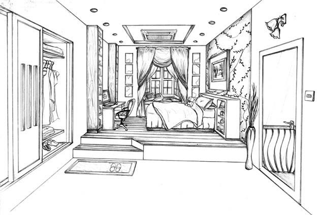 A one point perspective bedroom by Cheryl Teh Veen Chea of One Academy: Many students begin drawing an interior by launching in with furniture and windows.