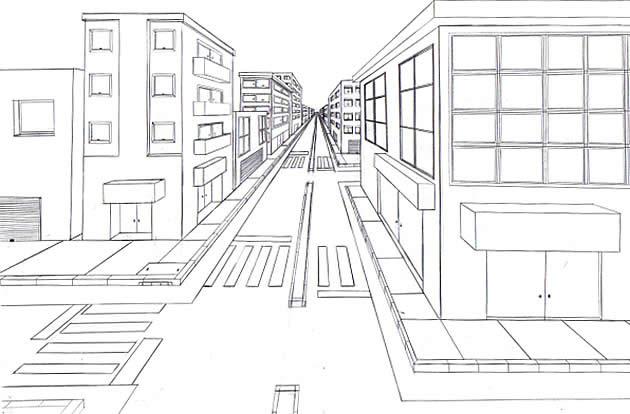 Exercise 5: one point perspective cityscape Drawing a road and surrounding cityscape (either imagined or observed from real life) is a great follow-up activity to the previous exercises.