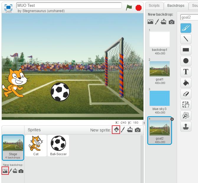 A Simple Example Let s take a simple example to illustrate how these blocks fit together, step by step. We ll make the Scratch cat kick a soccer ball into the goal, and play a sound when it goes in.