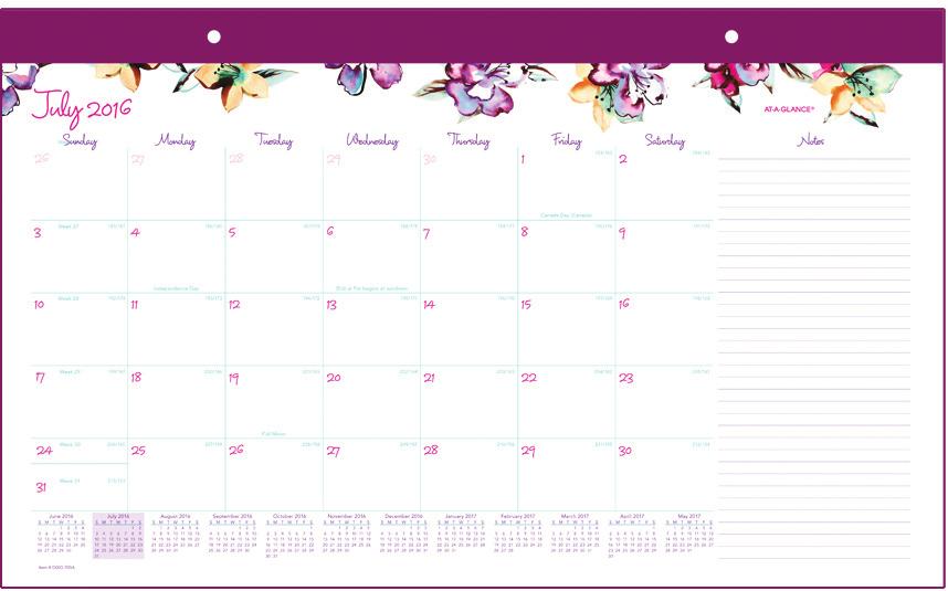 AAG D1012-705A June Academic Desk Pad 12 Months July Start Purple top binding with two eyelets;two clear poly corners to keep pages flat One month per page with unruled daily blocks for open