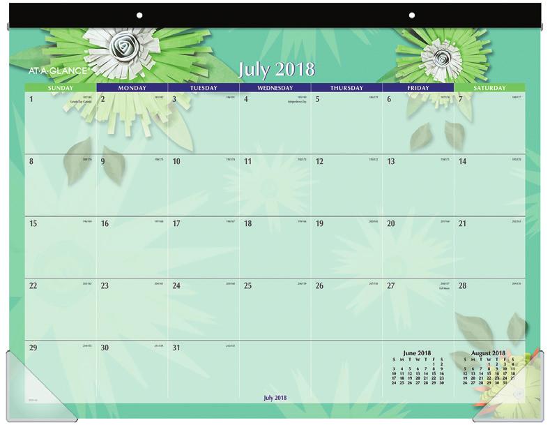 AAG 5035-A7 Paper Flowers Academic Desk Pad 13 Months July Start Each page features one month along with past and future month reference calendars Large, unruled daily 2 13/16" x 2 1/2" blocks for