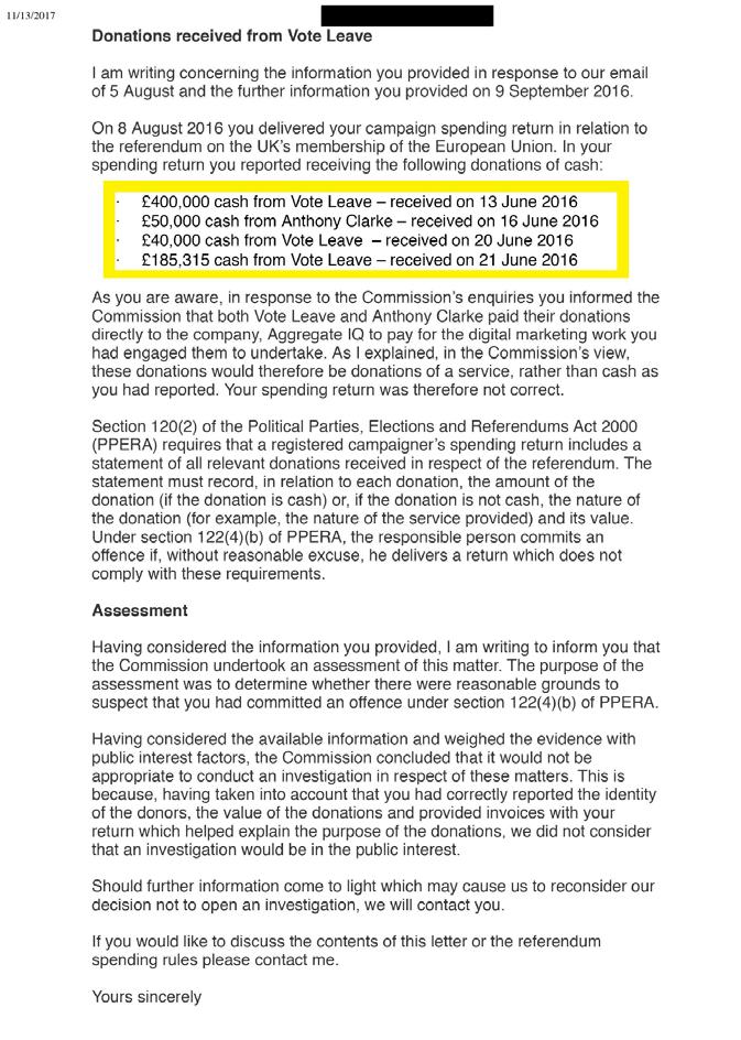 Claim 3 Evidence 2 This letter exchanged between BeLeave staff and the Electoral Commission acknowledges that 625,000 went to AggregateIQ from VoteLeave as a payment for digital marketing work you