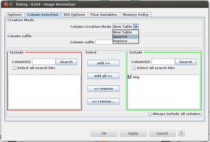 Figure 4: The column selection tab available in many dialogs of the image processing nodes, mostly nodes that apply a certain algorithm on an one image or labeling. 2.