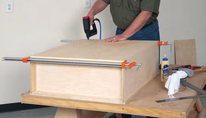 measuring tape, stud finder, and level. 1 Lay out the cabinet parts on a flat assembly surface with the sides alongside the face frame. Now, apply a moderate bead of glue in the face-frame grooves.