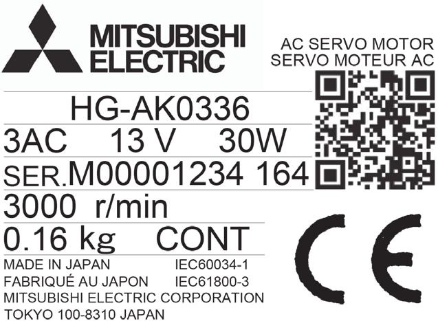 . INTRODUCTION (3) HG-K series servo motor Model Input power, rated output Serial number (Note ) Rated speed Mass Country of origin,