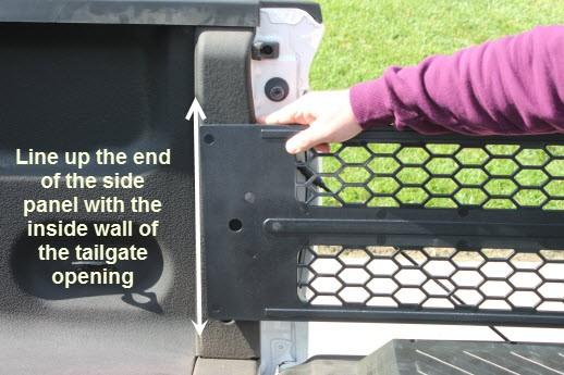 In order to properly position the X-Treme Gate unit from front to back, deploy the end panel/side panel Slide-Out Assembly with the side panels facing into the truck bed.