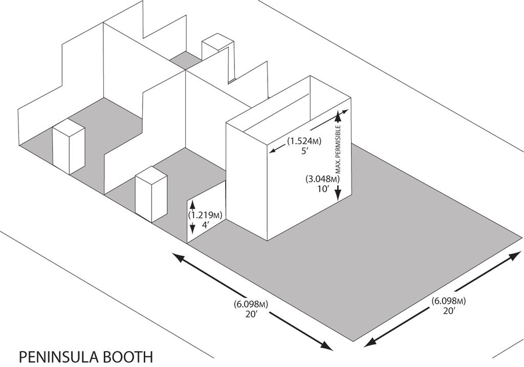 Peninsula Booth A Peninsula Booth is exposed to aisles on three (3) sides and composed of a minimum of four 10ft x 10ft (3.05m x 3.05m) booths.