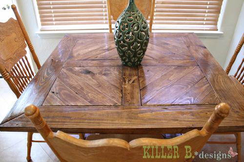Handmade with a lovely pieced wood top. Here's from Brooke [8]: First off, SPECTACULAR plan! Oh, how I love this table. It was a little sad for me to give it away.