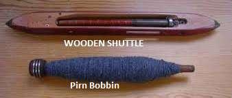 Bobbin and Shuttle: The weft yarn wound on a bobbin (pirn), which sets into a shuttle.