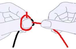 7 To form the knot, the right hand pulls the tie thread, while the left hand holds the
