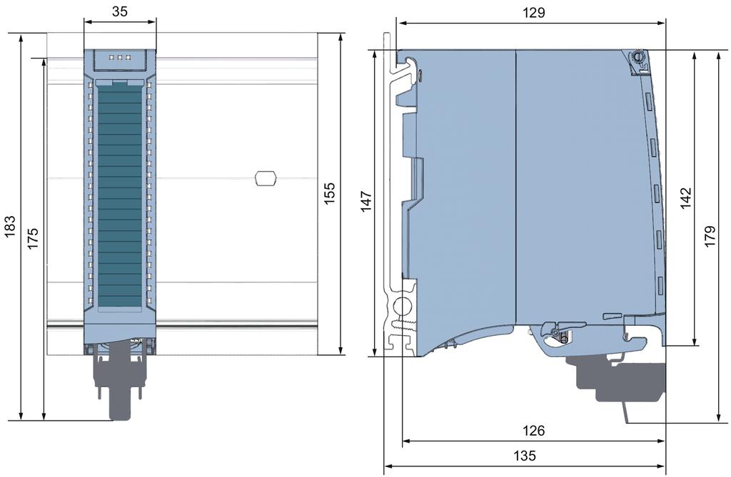 Dimensional drawing A The dimensional drawing of the module on the mounting rail, as well as a dimensional drawing with open front panel, are provided in the appendix.