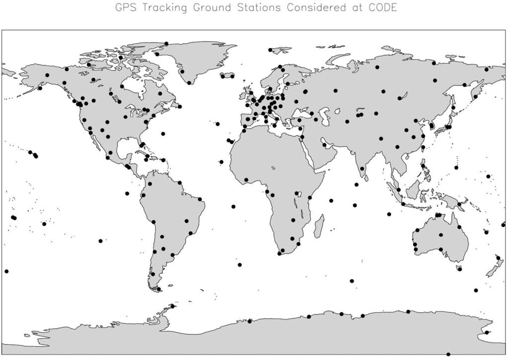 Figure 1. GPS ground stations considered at Center for Orbit Determination in Europe (CODE) (obtained from the CODE Web site).