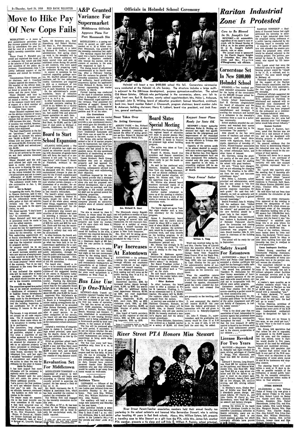 2 Thursday, April 24, 1958 REGISTER Move to Hike Pay Of New Cops Fails MIDDLETOWN A move to give probationary patrolmen the pay increase granted to other police by referendum this year fizrled for