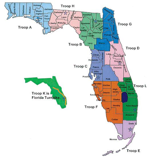 html TROOP HEADQUARTERS A = Panama City B = Lake City C = Tampa D = Orlando E = Miami F = Bradenton G = Jacksonville H = Tallahassee K = West Palm Beach L = Lantana Florida Highway Patrol (FHP) uses