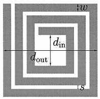 Са d in је означено растојање између унутрашњих сегмената, d out представља спољашњу димензија индуктора, w ширину проводних линија, s размак између проводних линија и n број завојака. Сл. 5.